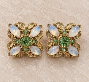 Vintage Style Silver Tone Floral Statement Earrings with green rhinestones